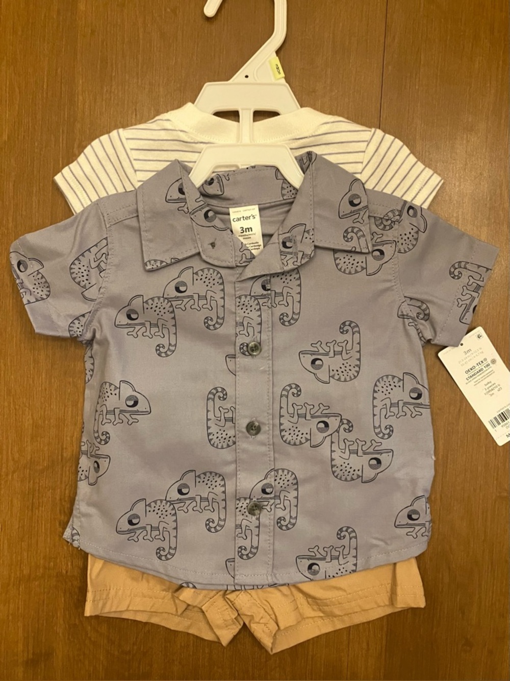 3M Baby Set- Gray Chameleon Button-Up Shirt, Bodysuit, and Khaki Shorts